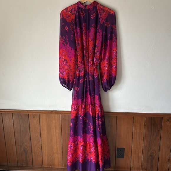 Maison Tara Long Sleeve Mock Neck Printed Chiffon Fit and Flare Dress - Picture 8 of 10